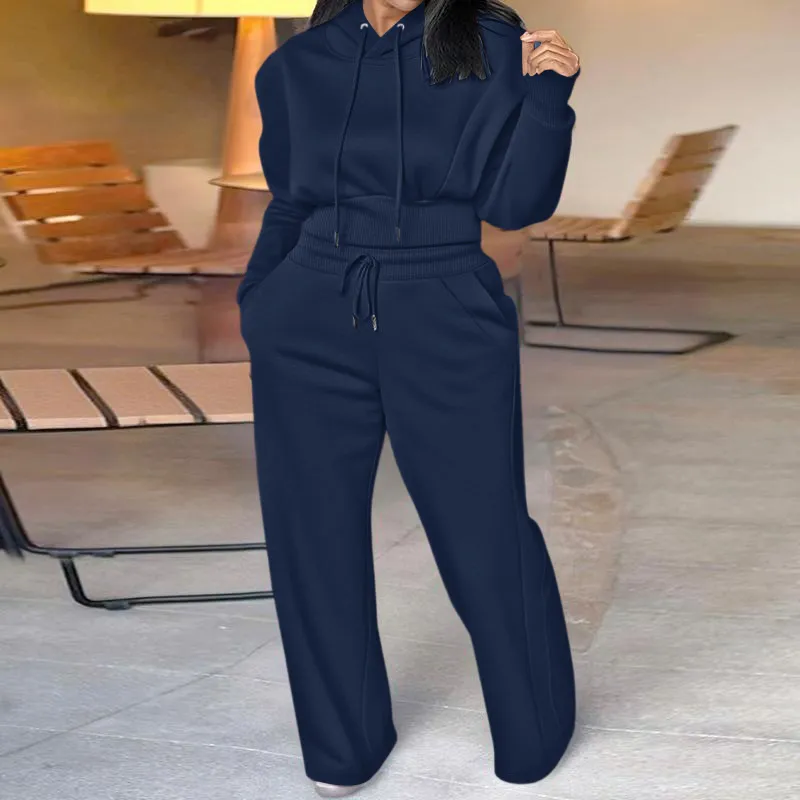 Hooded Long Sleeve Sweatshirt and Casual Wide Leg Sweatpants Set