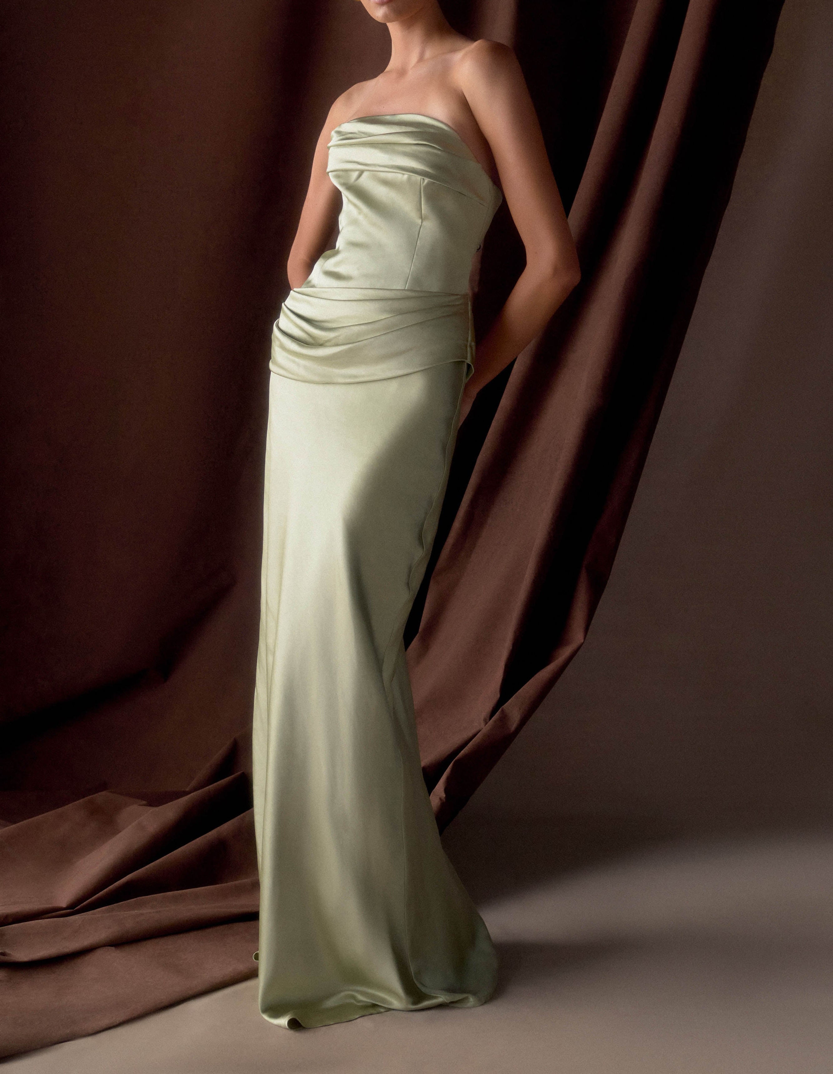 Sage Strapless Satin Maxi Dress