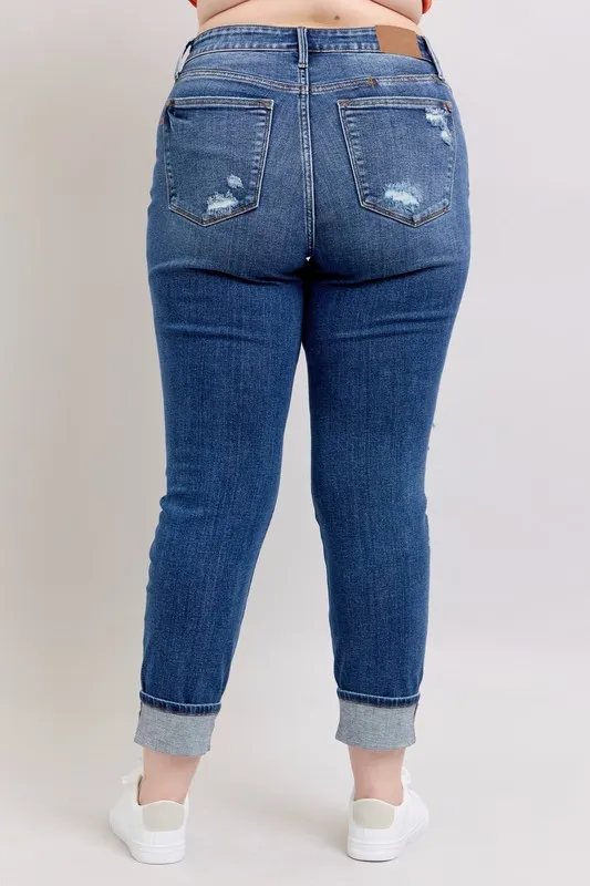 Blue Full Size Midi Rise Boyfriend destroy Jeans with Yoke Pockets and Faux Selvedge Cuff Plus Size