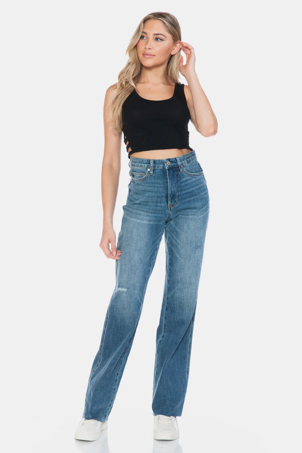 Blue Full Size Tummy Control Cut Raw Hem Straight Jeans