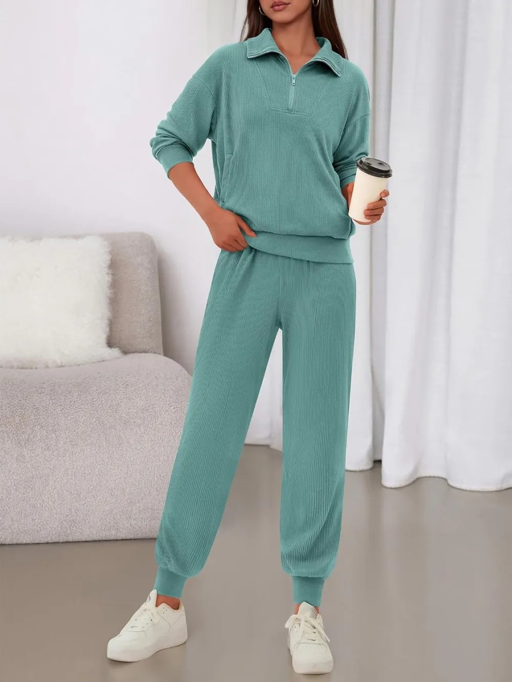 Women's Long Sleeve Half Zip Sweatshirt Sweatpants Lounge Set Sweatsuits with Pockets