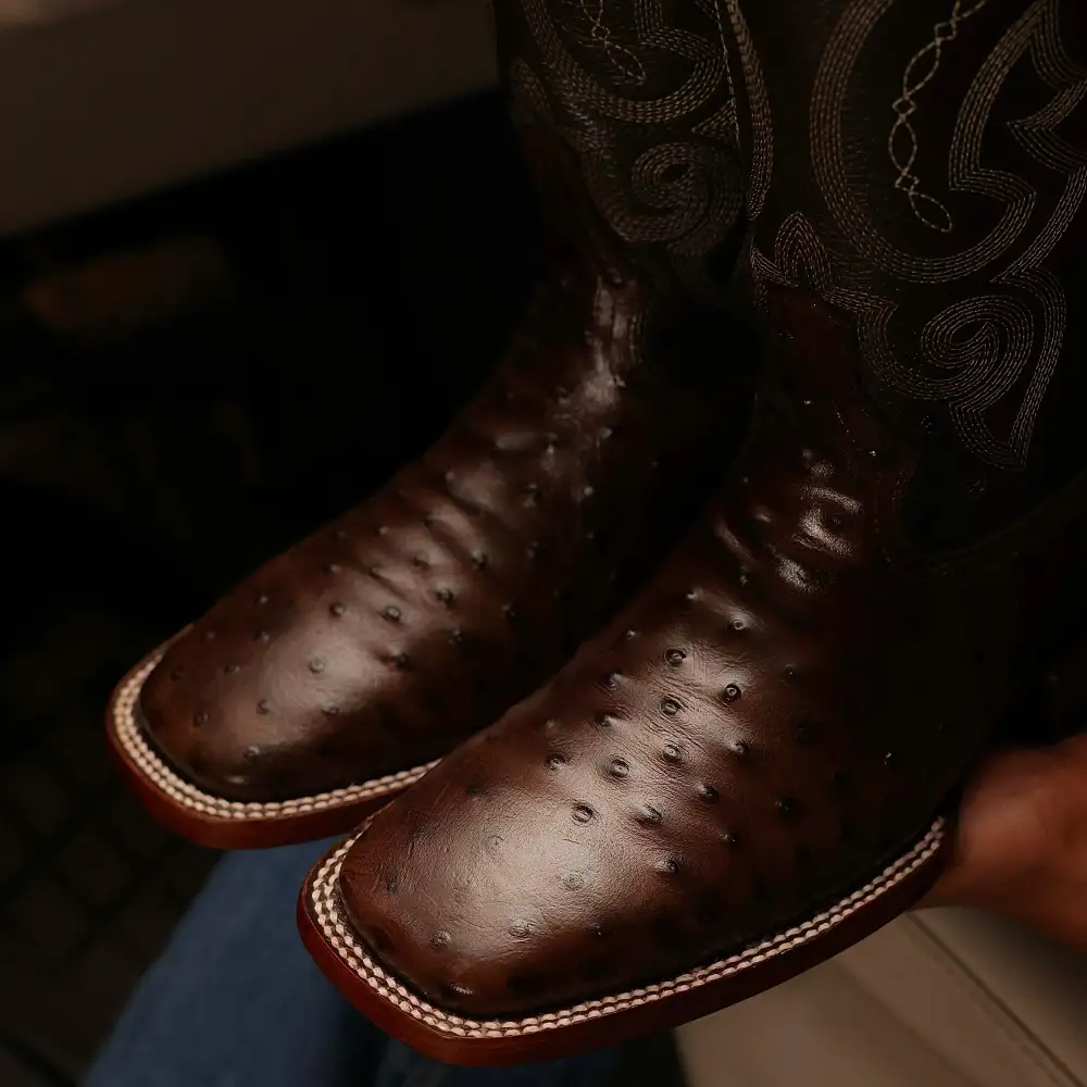 Chocolate Brown Ostrich Leather Boots - Square Toe