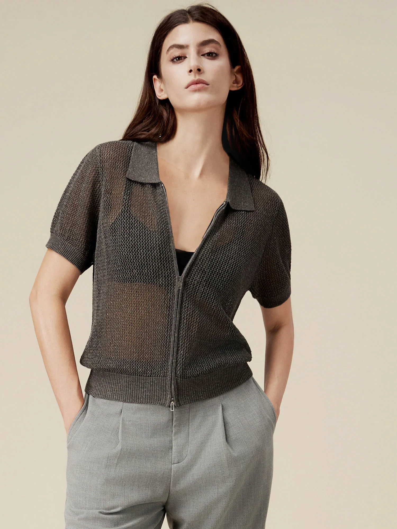 Linen & Lyocell V-Neck Short Sleeve Zipper Hollow Out Cardigan