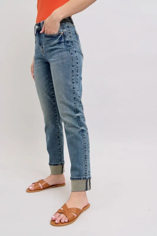 Blue Full Size Mid Rise Vintage Wash Double Roll Cuff Boyfriend Jeans Plus Size