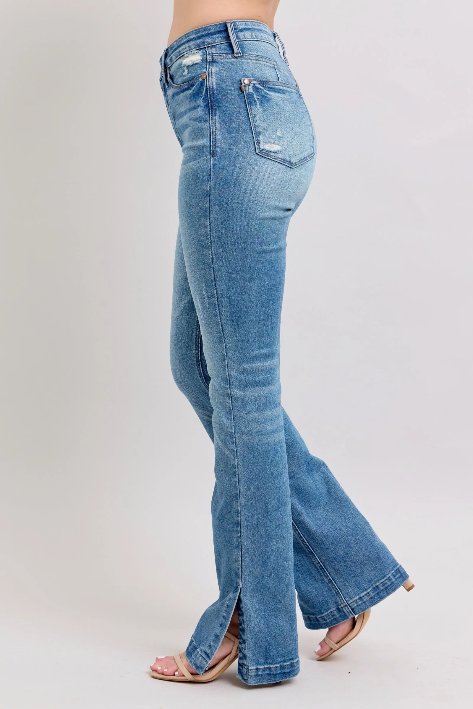 Blue Full Size High Waist Tummy Control Vintage Wash Side Slit Slim Boot Jeans