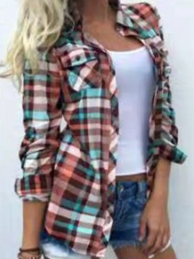 (Fall Clearance Sale🔥)Women's Shirt Blouse Shacket Plaid Color Block Button Print Long Sleeve Daily Weekend Streetwear Casual Shirt Collar Regular