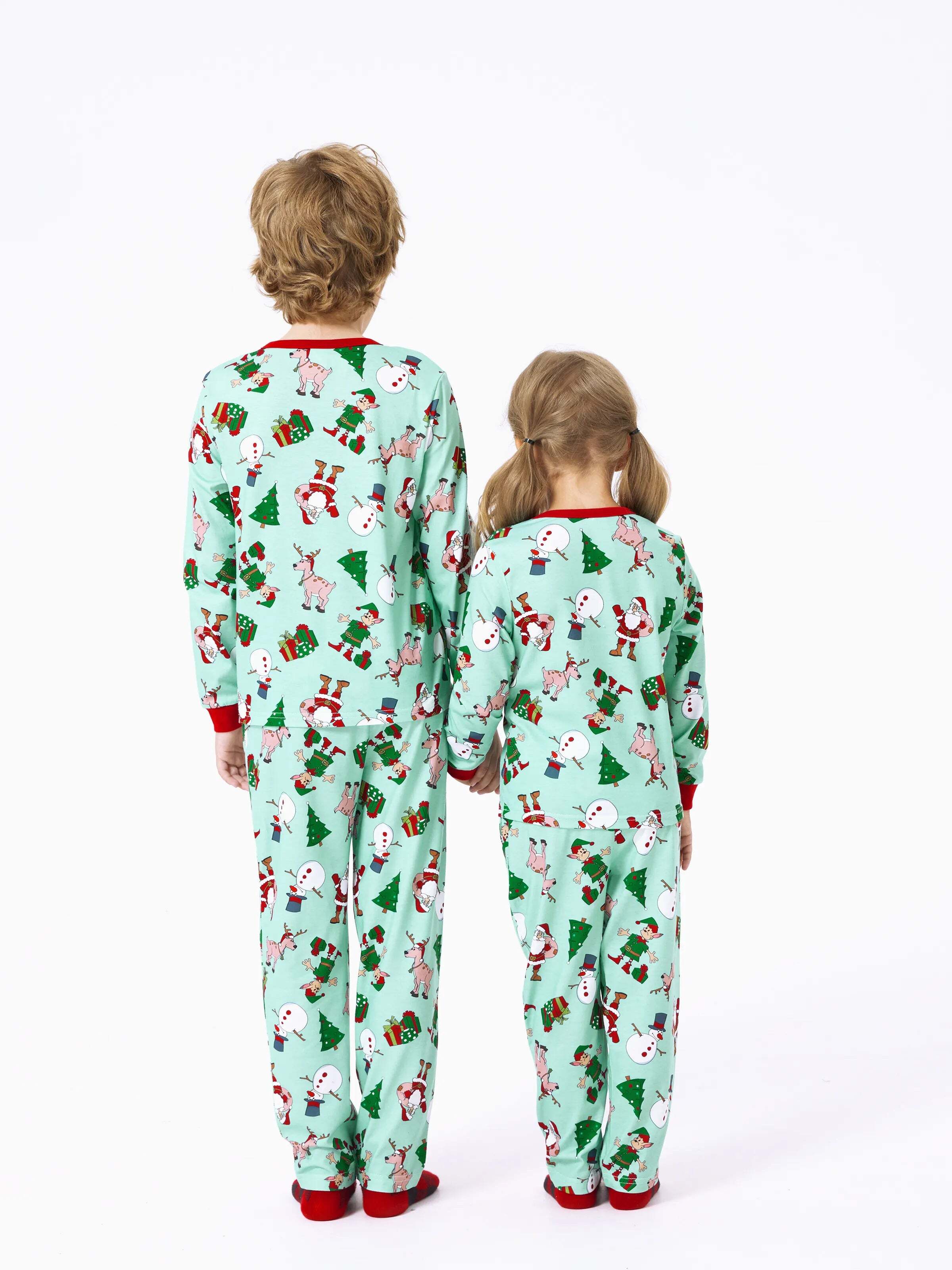 Christmas Matching Family Pajamas Set Reindeer Christmas-themed Print PJS with Christmas Socks Pale Green