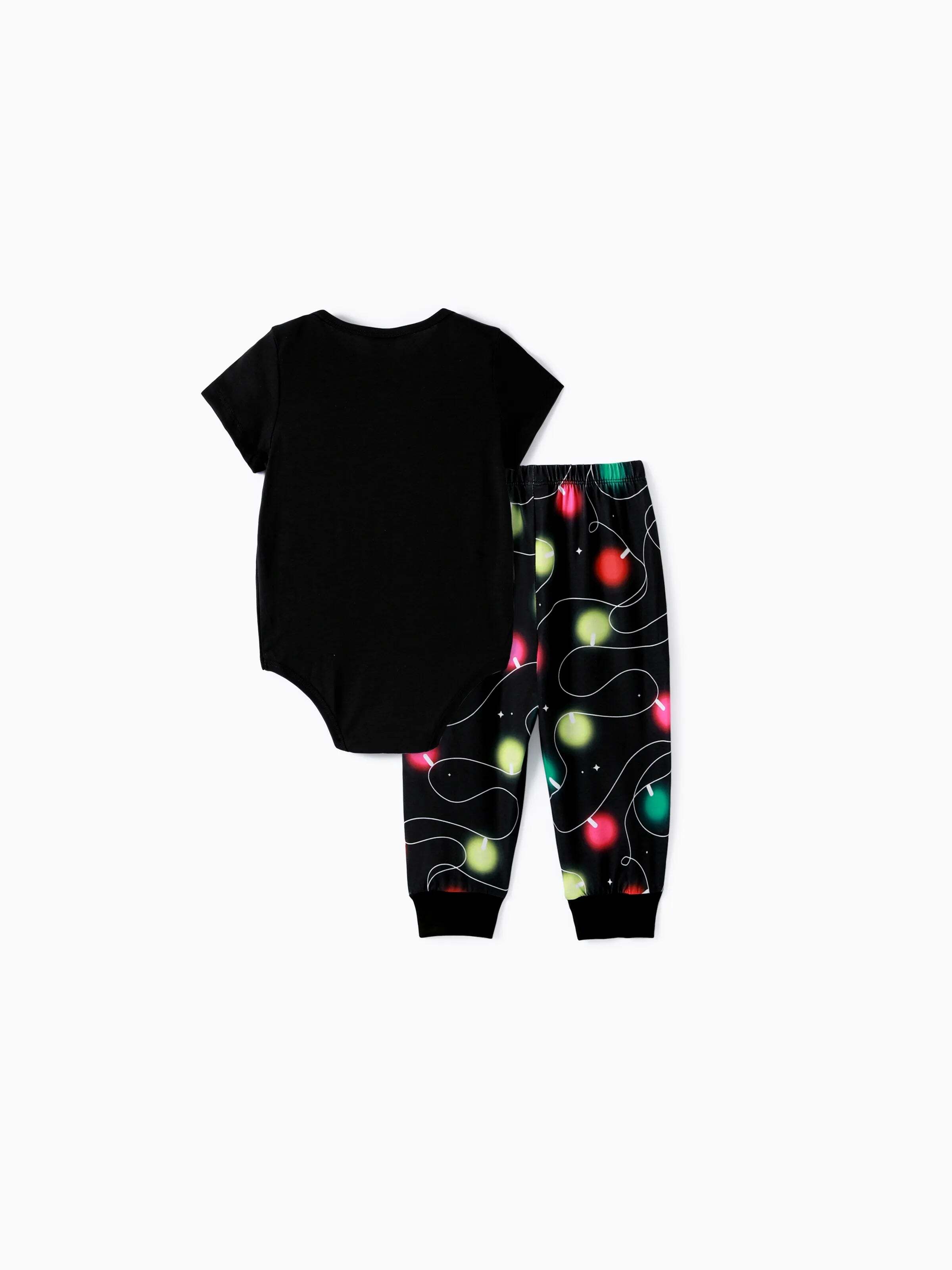 Christmas Family Matching Letters&Festive light bulb Print Short-sleeve Pajamas Sets Black