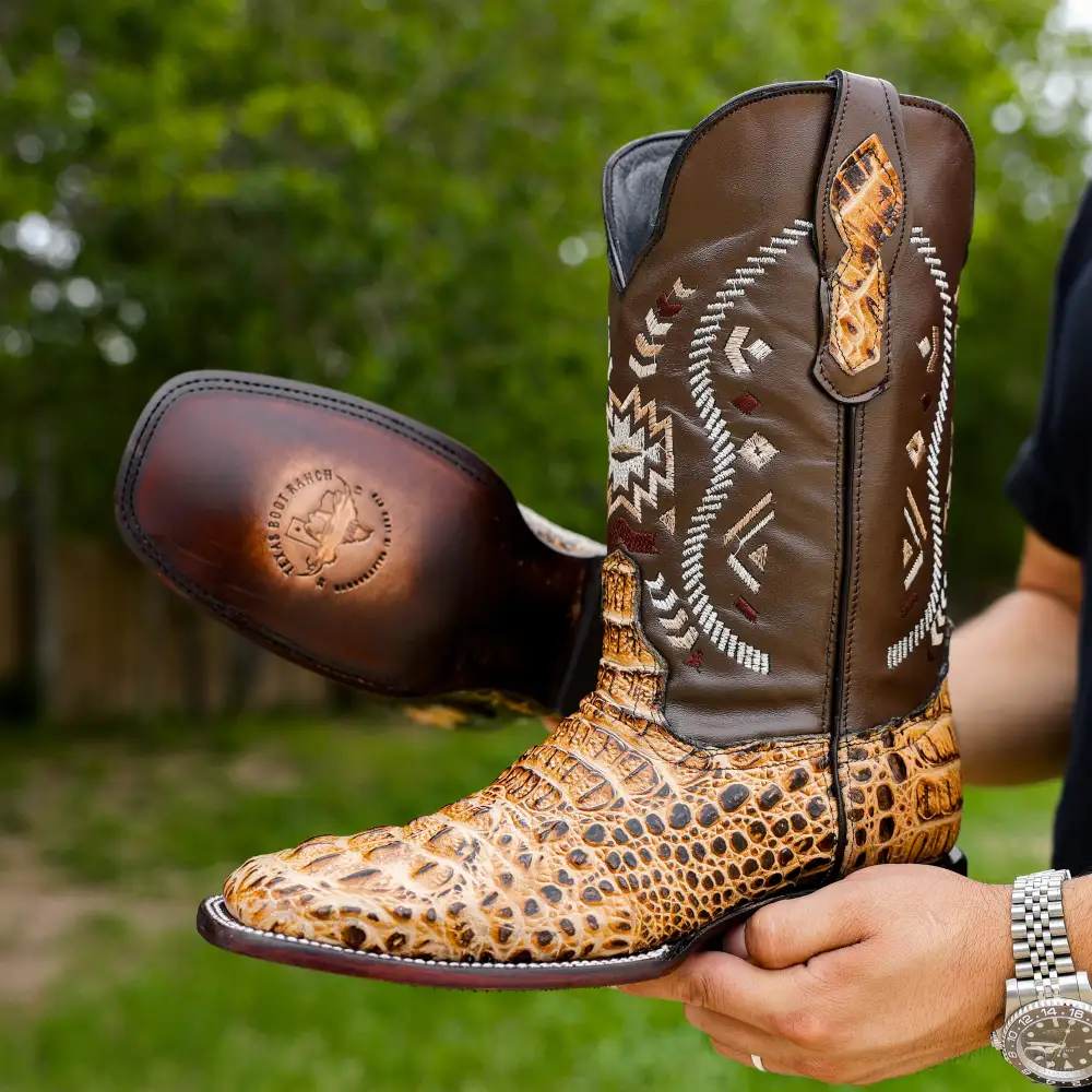 Bone Caiman Neck Leather Boots - Square Toe