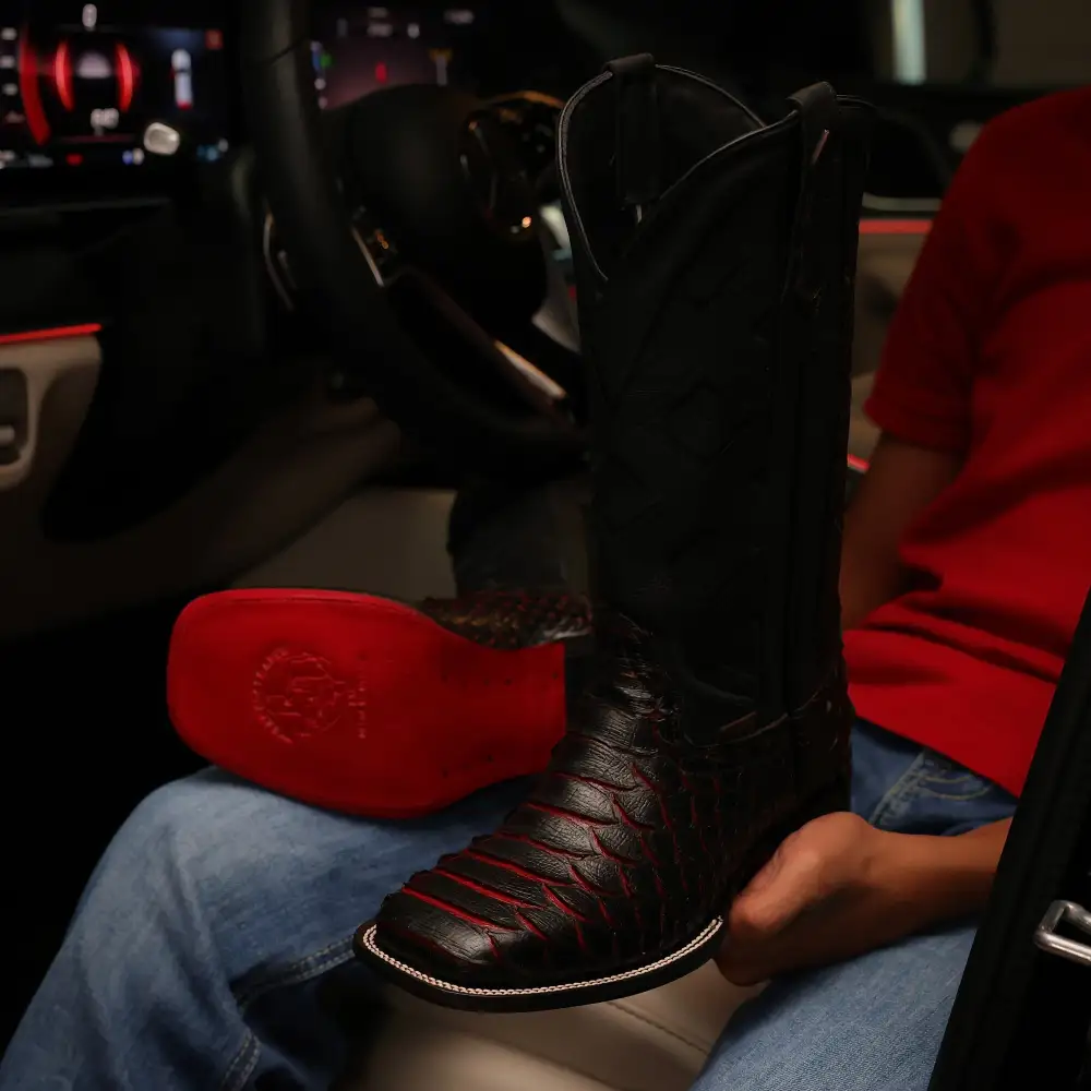 Jumbo Black Cherry Python Leather Boots - Square Toe