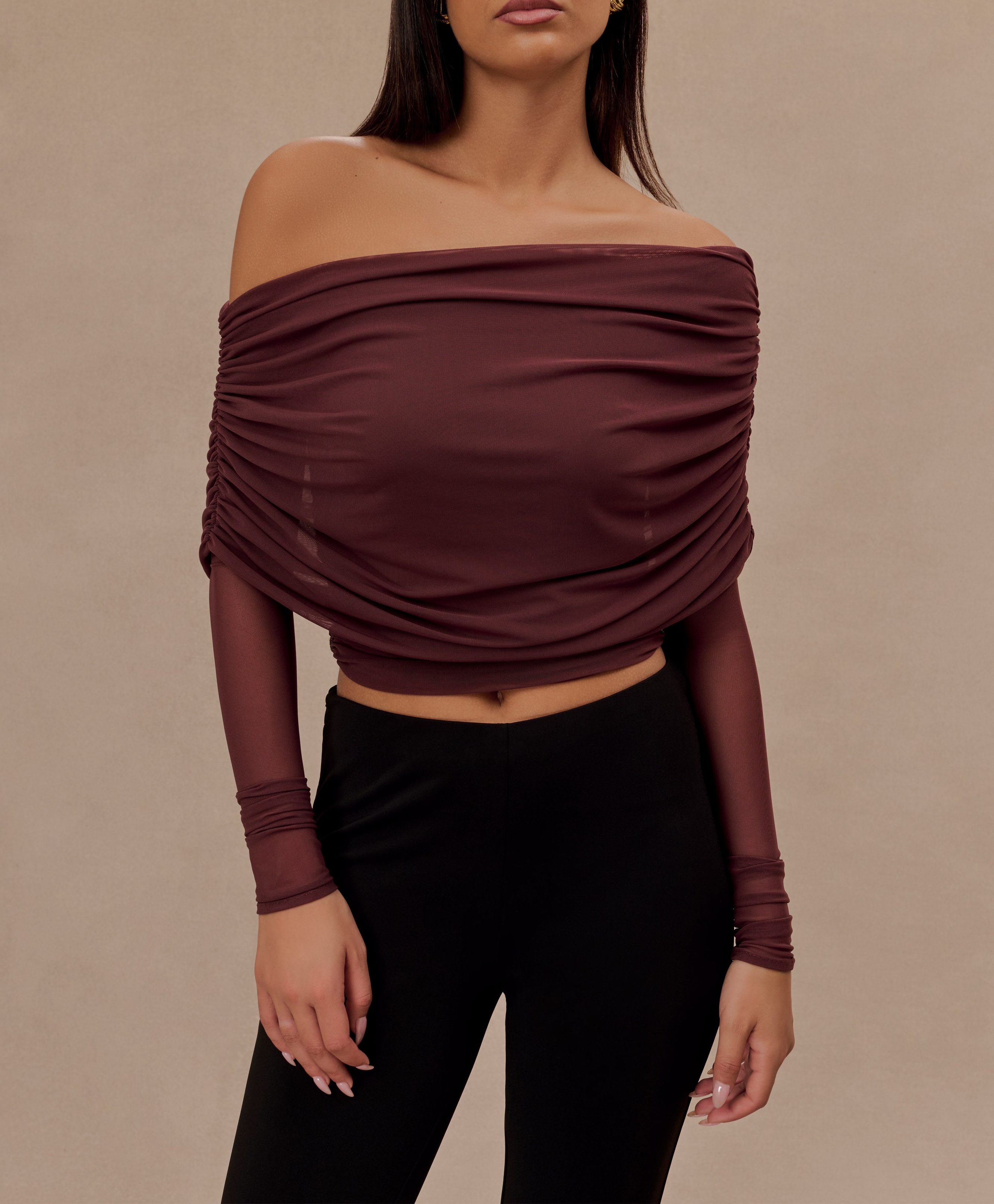 Mahogany Sheer Mesh Off Shoulder Top