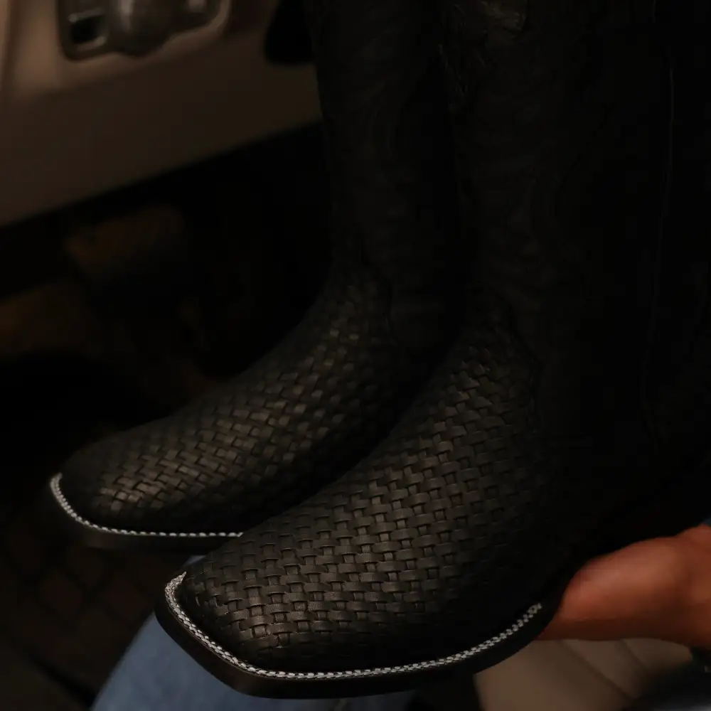 Black Basketweave Leather Boots — Square Toe