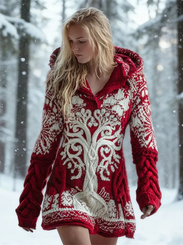 Christmas Viking Celtic Tree Women's Knit Hooded Mini Dress