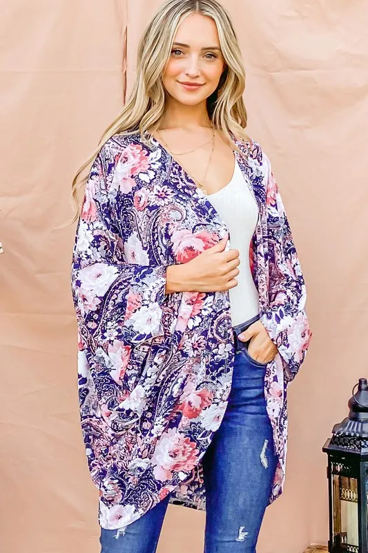 Floral Print Dolman Sleeve Kimono Cardigan