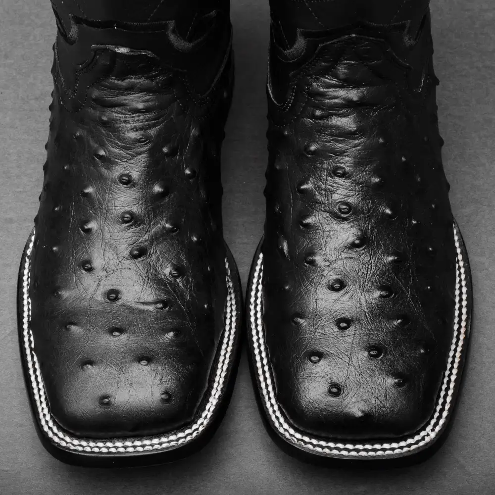 Black Ostrich Leather Boots - Square Toe