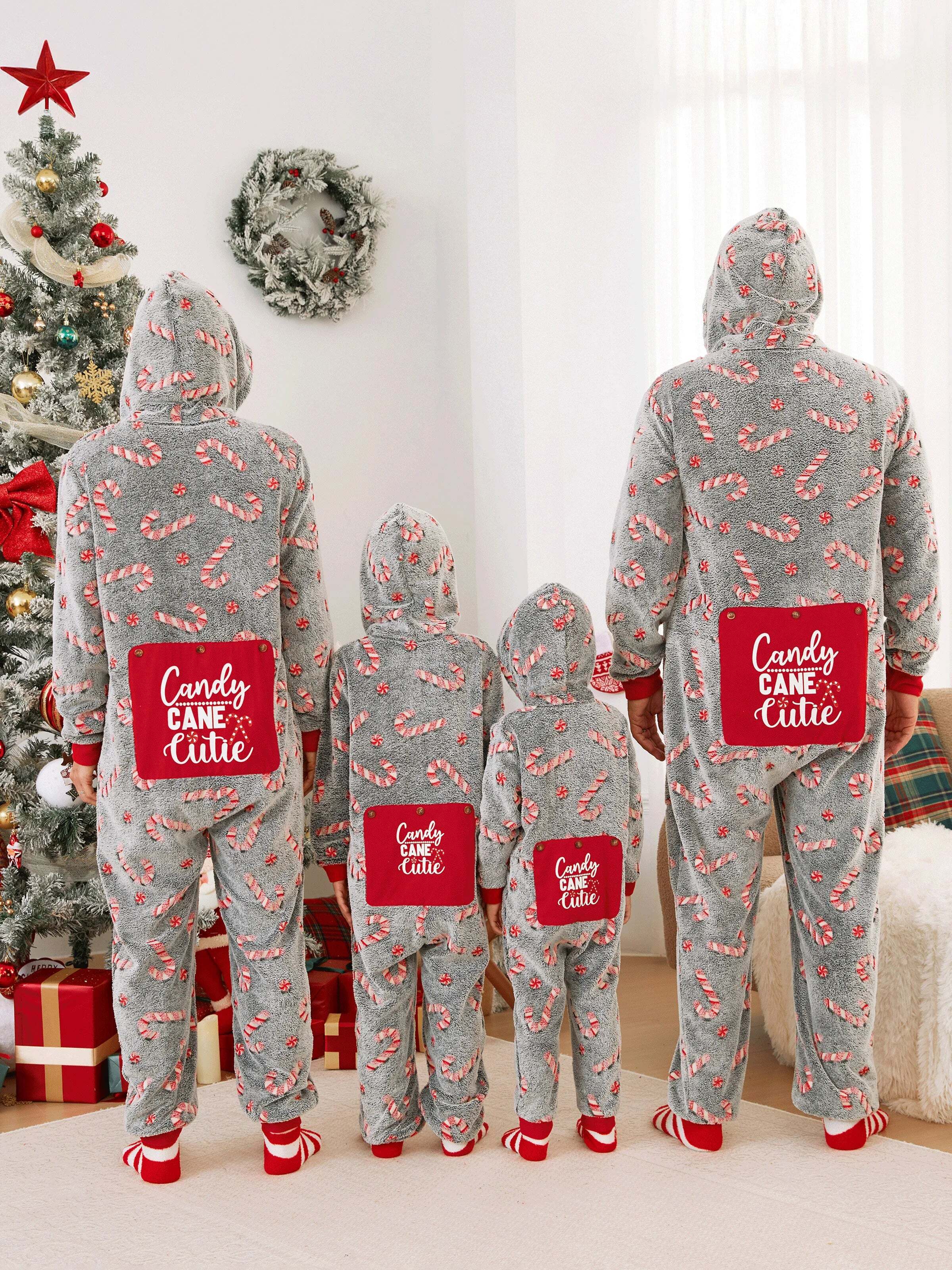 Onesies Pajamas Matching Christmas Outfits Candy Cane Pattern (Glow in the Dark) with Christmas Socks Black