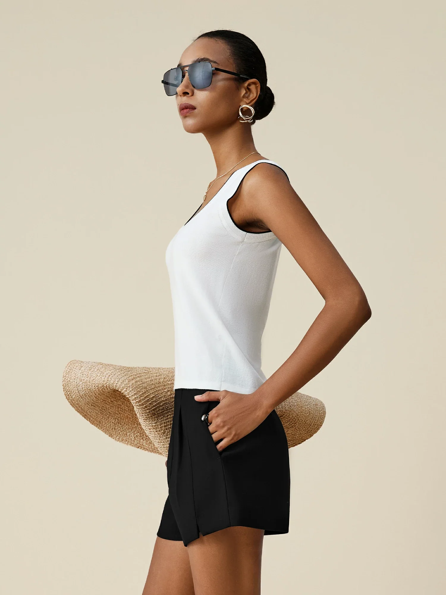 Cotton & Linen U-Neck Contrast Trim Vest