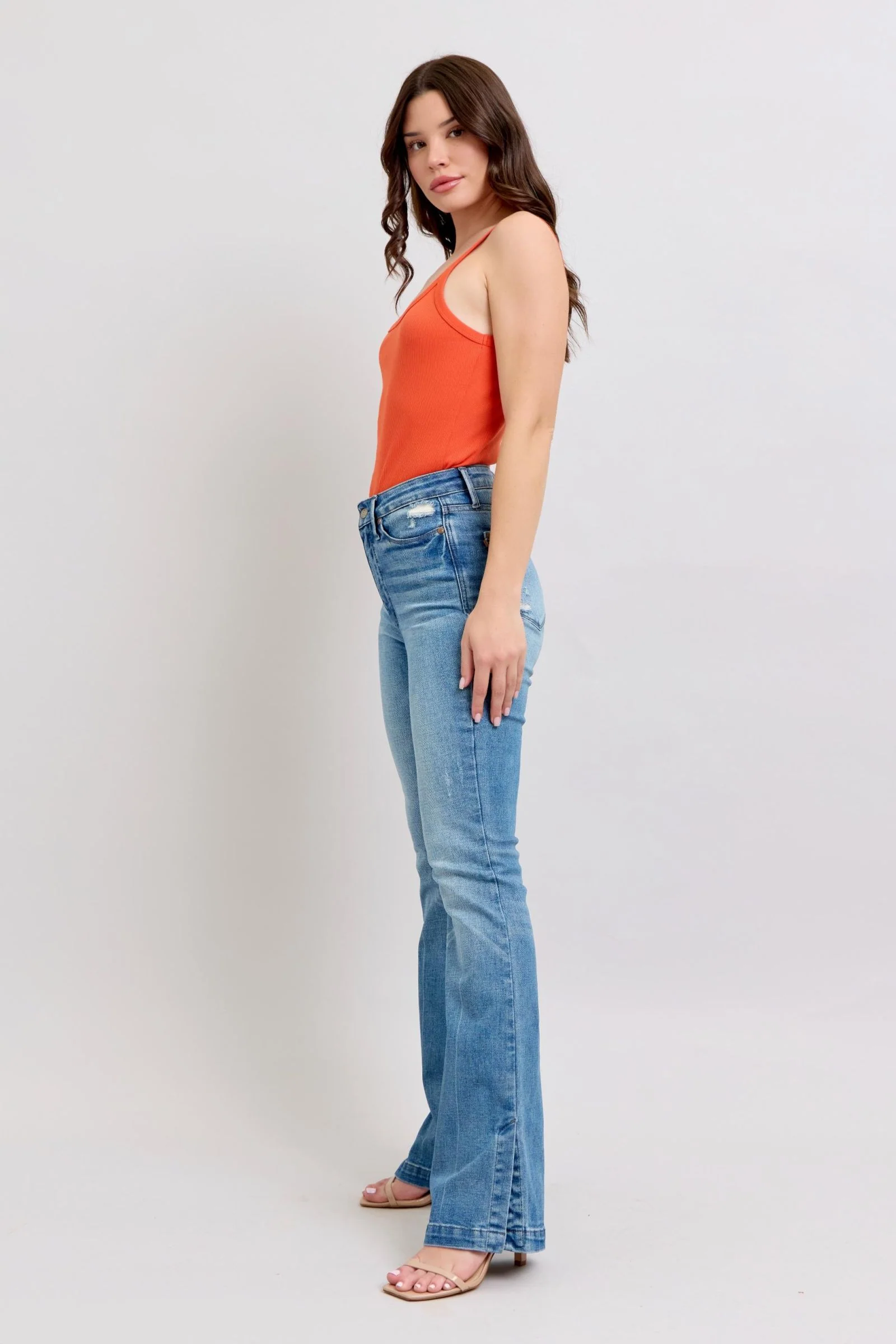 Blue Full Size High Waist Tummy Control Vintage Wash Side Slit Slim Boot Jeans