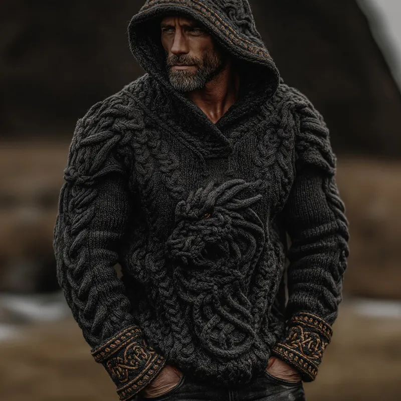 Men's Vintage Viking Dragon Celtic Art Knit Hooded Sweater