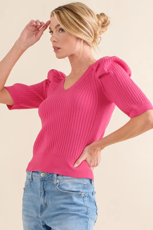 Puffed Half Sleeve Rib Basic Top