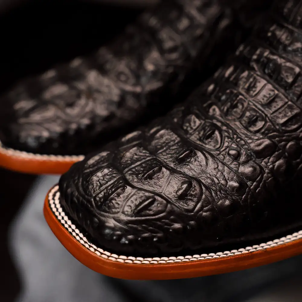 Black Caiman Neck Leather Boots - Square Toe