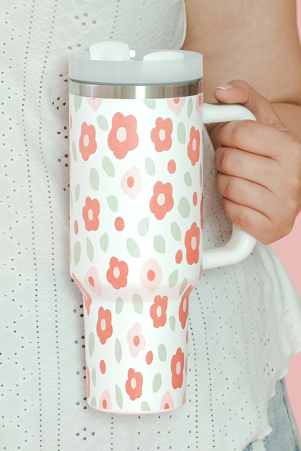 White Floral Leaves Print Stainless Large Portable Cup 40oz