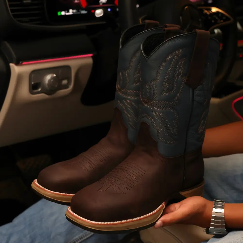 Chocolate Brown Leather Work Boots With Blue Shaft - Square Toe