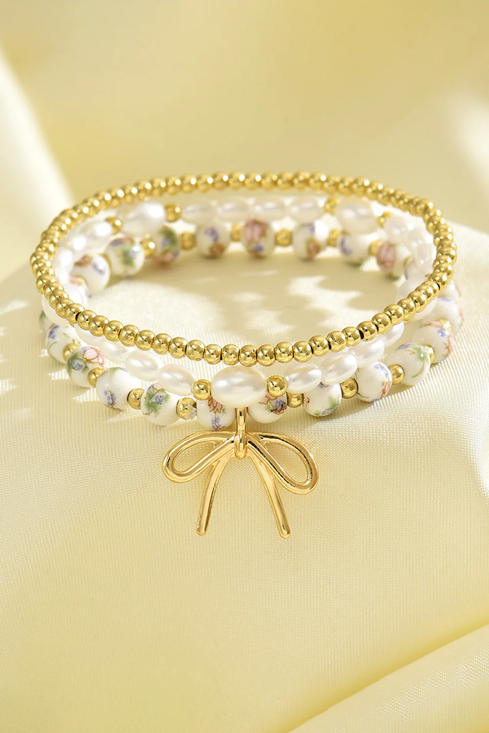 Gold Bow Knot Charm Beaded Triple Layer Bracelet Set