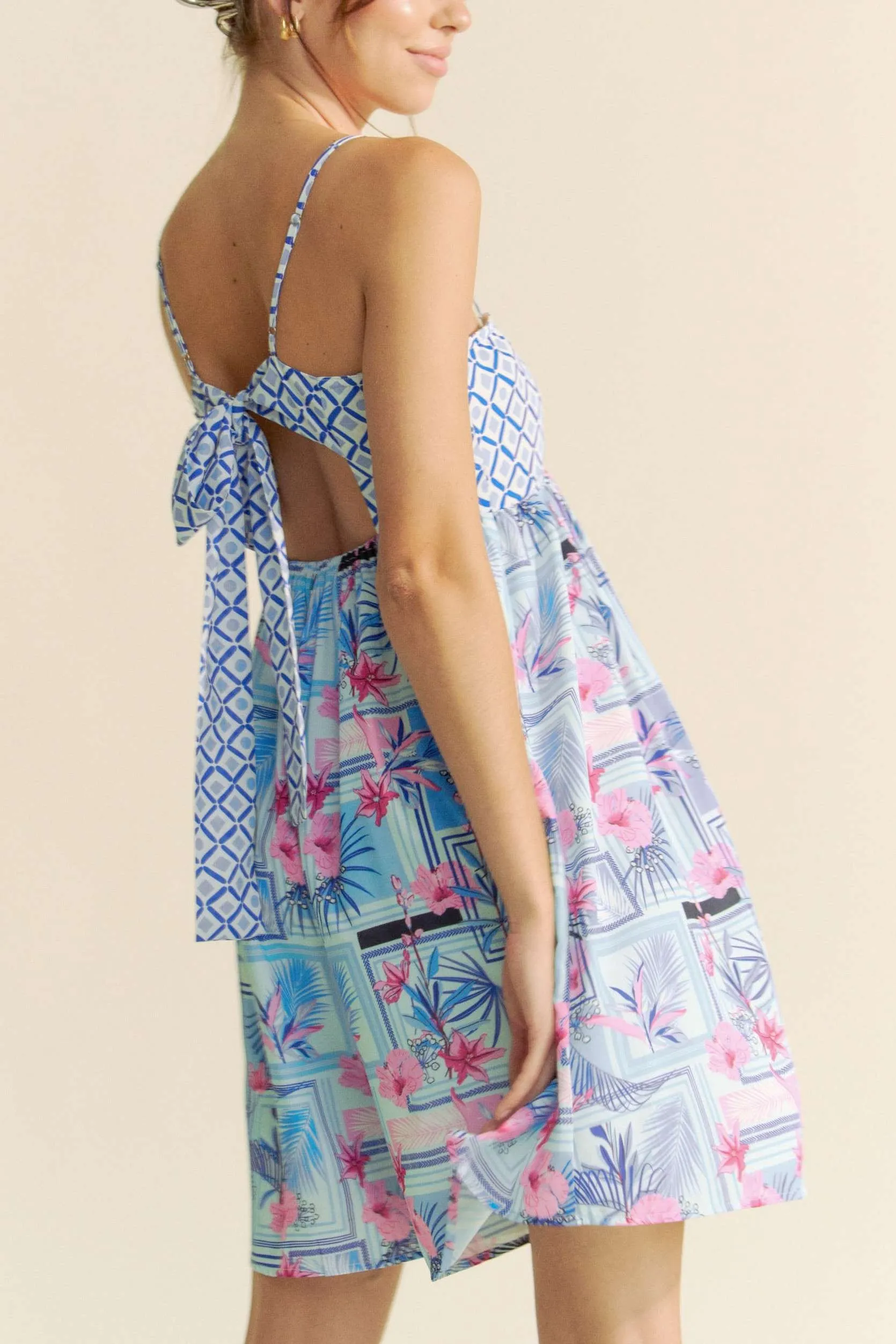 Tropical Floral Geo Print Tie Back Tube Top Romper