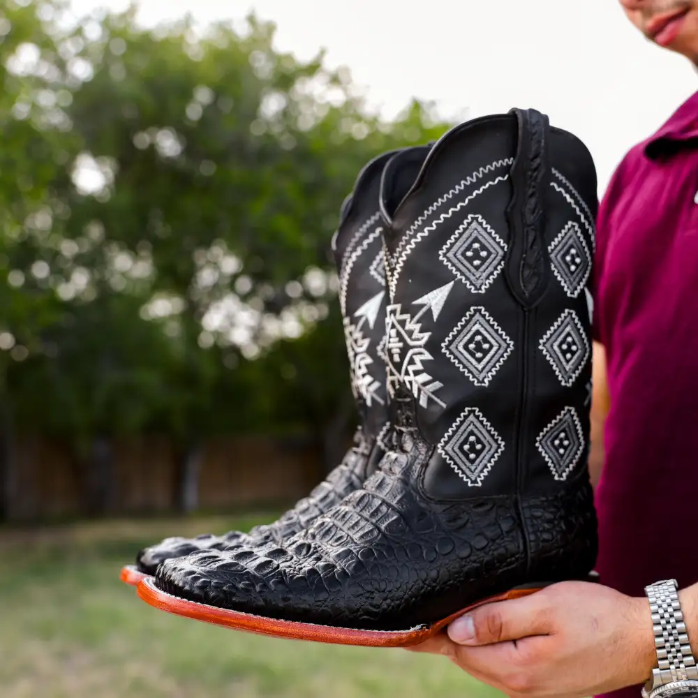 Black Caiman Neck Leather Boots - Square Toe