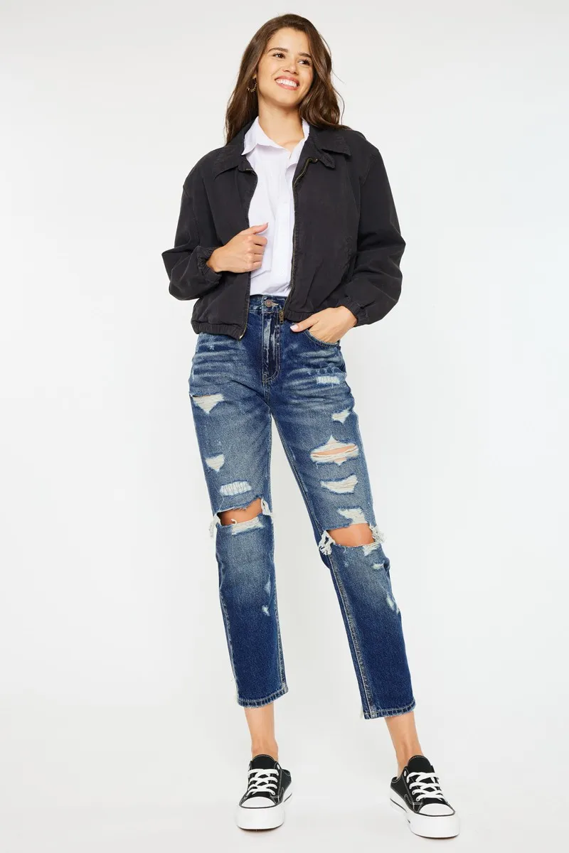 High Rise Distressed Mom Fit Jeans