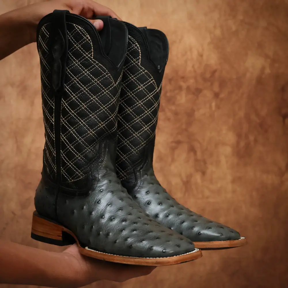 Grey Ostrich Leather Boots - Square Toe
