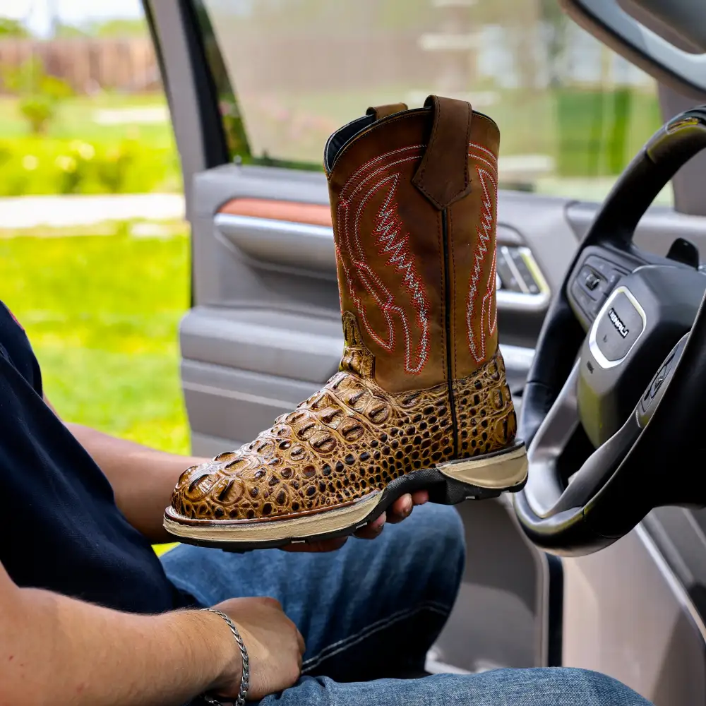 Honey Caiman Neck Leather Boots With 3D Lightweight Sole - Composite Toe