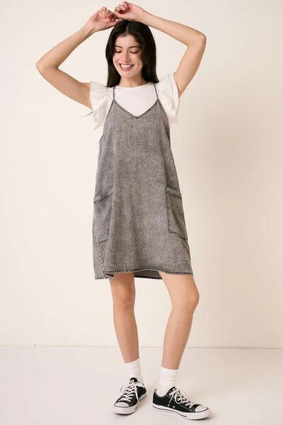 Washed Patch Pocket Mini Cami Denim Dress