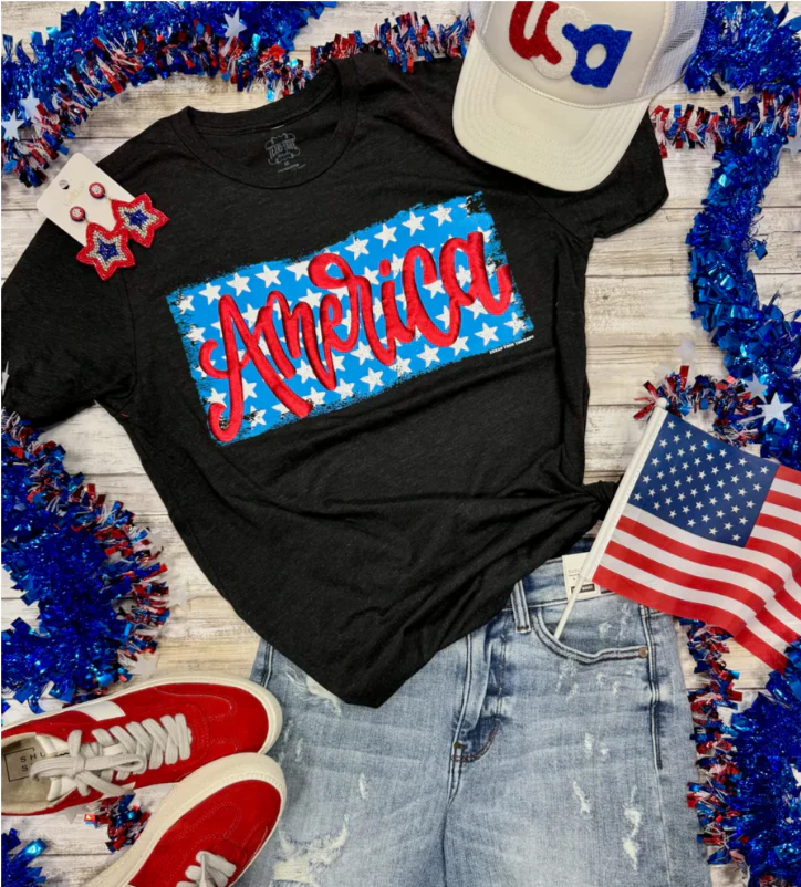America on Stars in Red Metallic Puff Tee