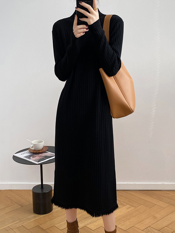 Fringed Solid Color Long Sleeves Loose Mock Neck Sweater Dresses Midi Dresses