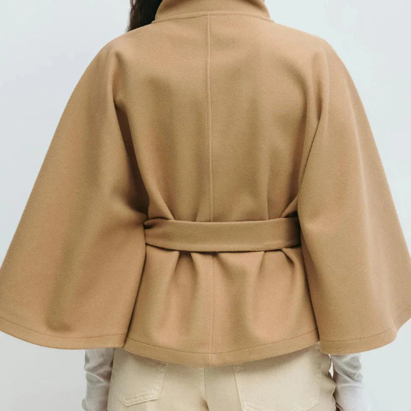 Women's cape-style coat with stand-up collar and belt