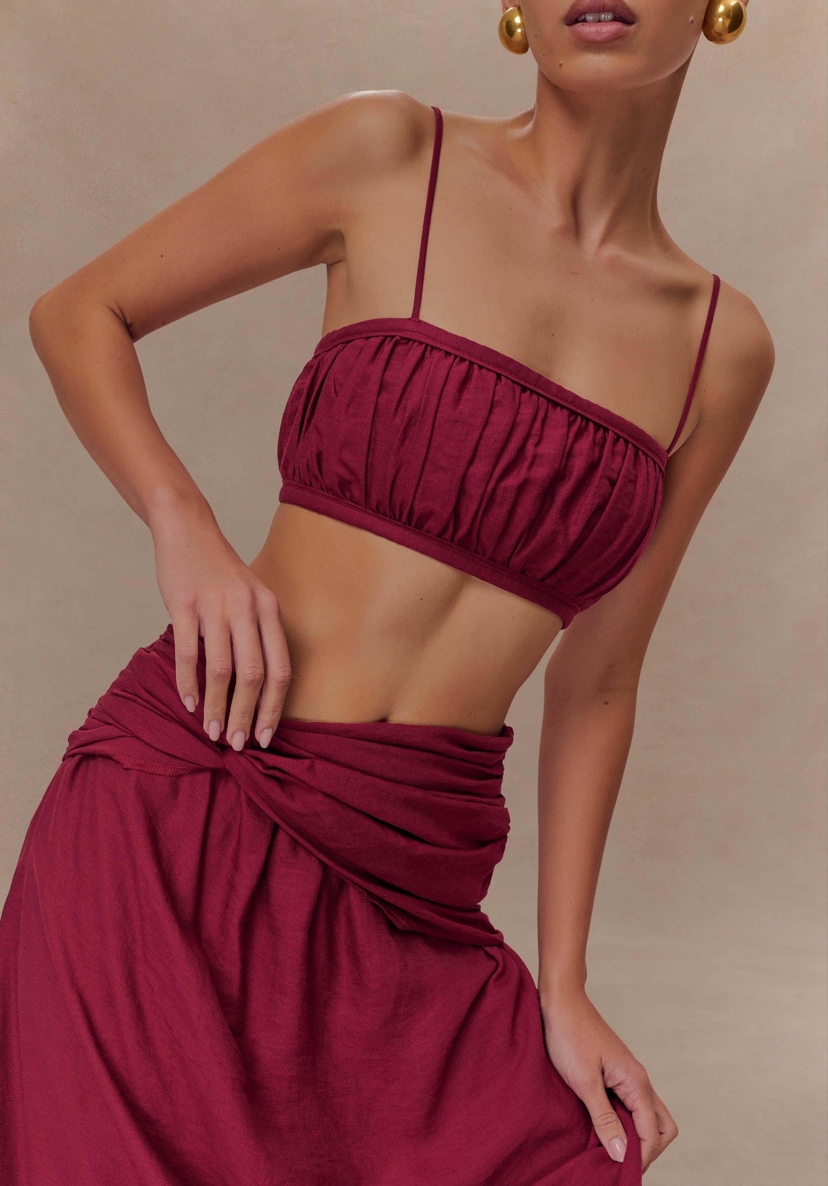 Wine Shirred Linen Bandeau