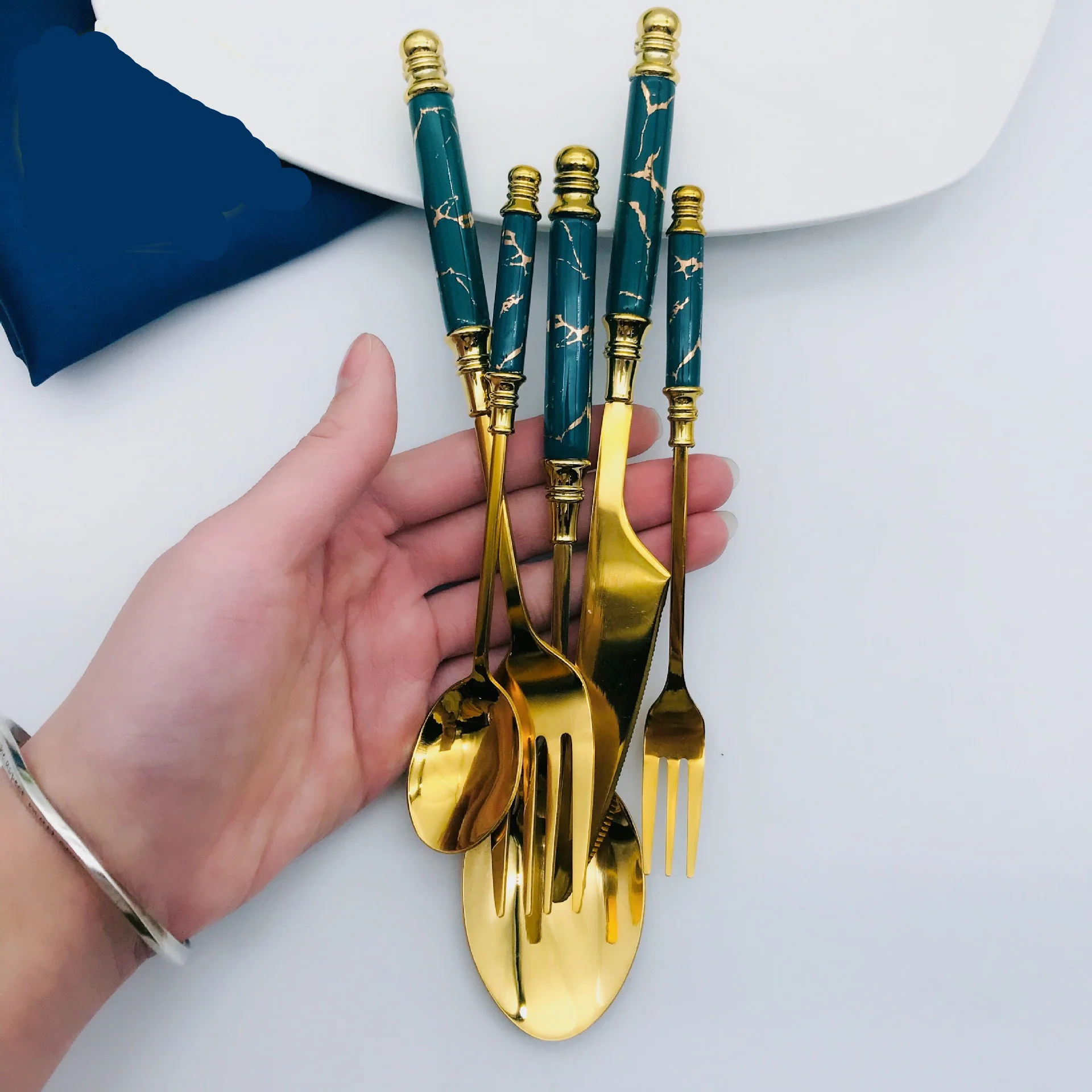 Gold Stainless & Green Ceramic Flatware