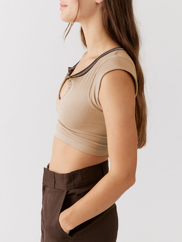 Split-Joint Cap Sleeve Skinny Deep V-Neck Vest Top