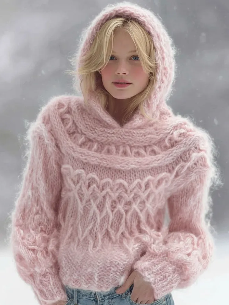 Women's Pink Cable Knit Warm Hooded Sweater