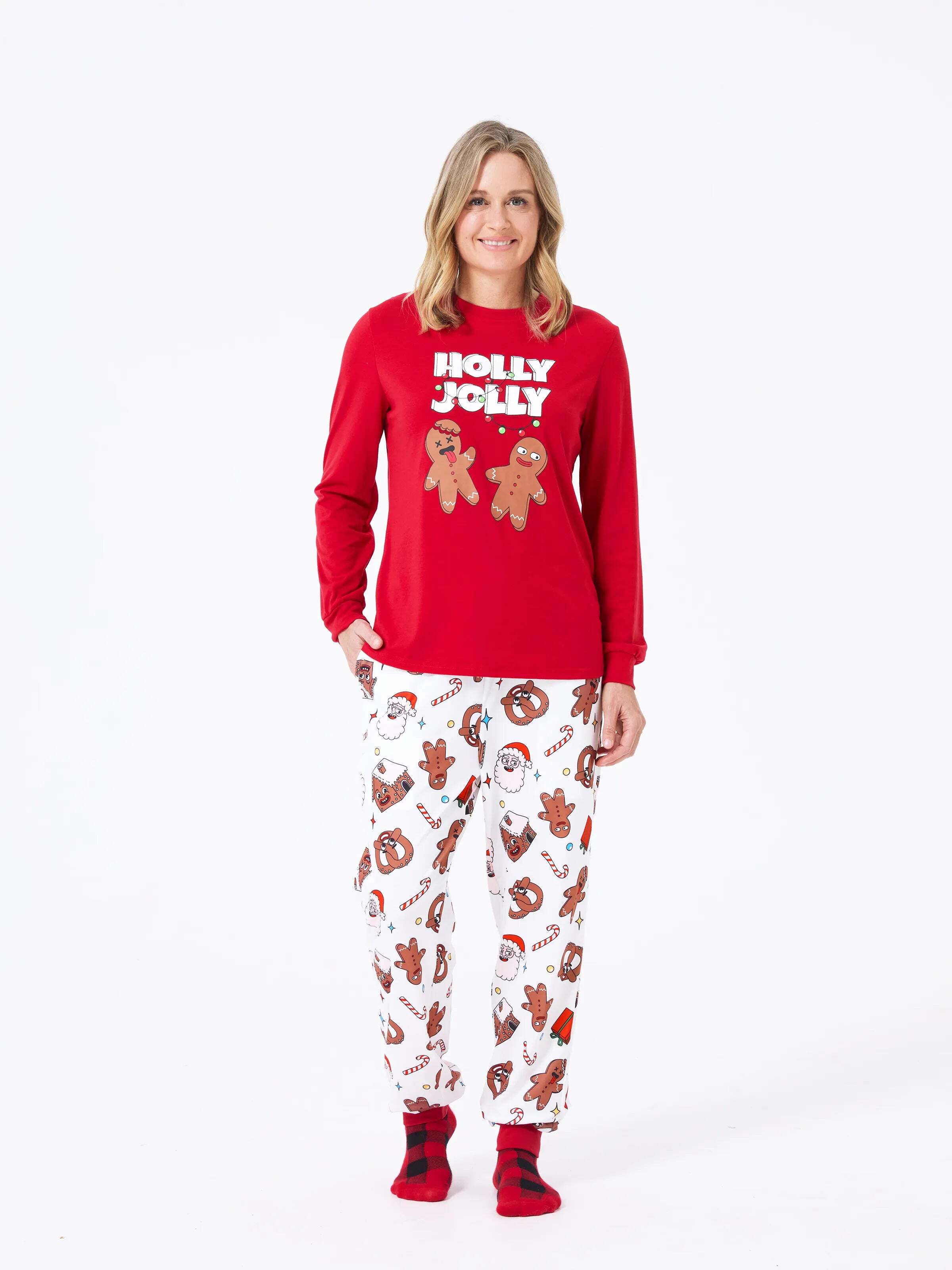Christmas Matching Family Pajamas Set Gingerbread and Santa PJS with Christmas Socks Red