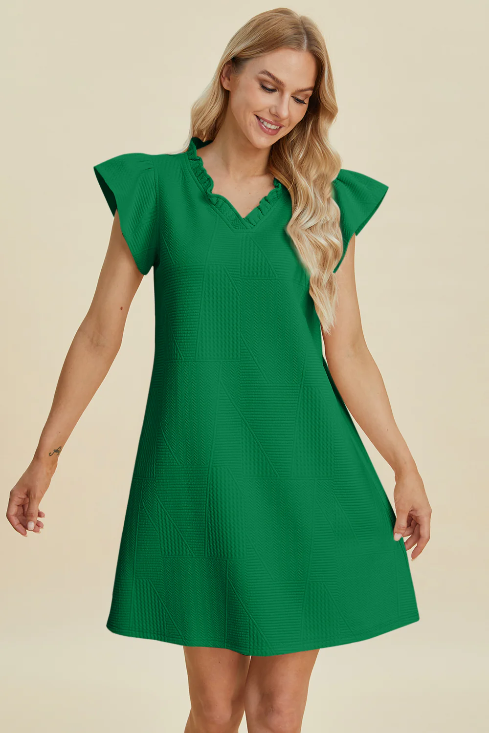 Full Size Ruffled V-Neck Cap Sleeve Dress