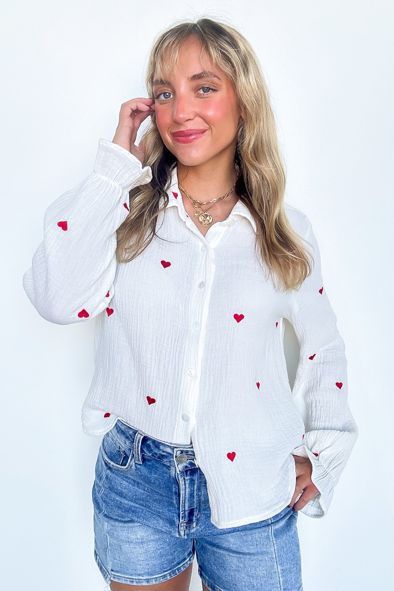 Heart Embroidered Button Down