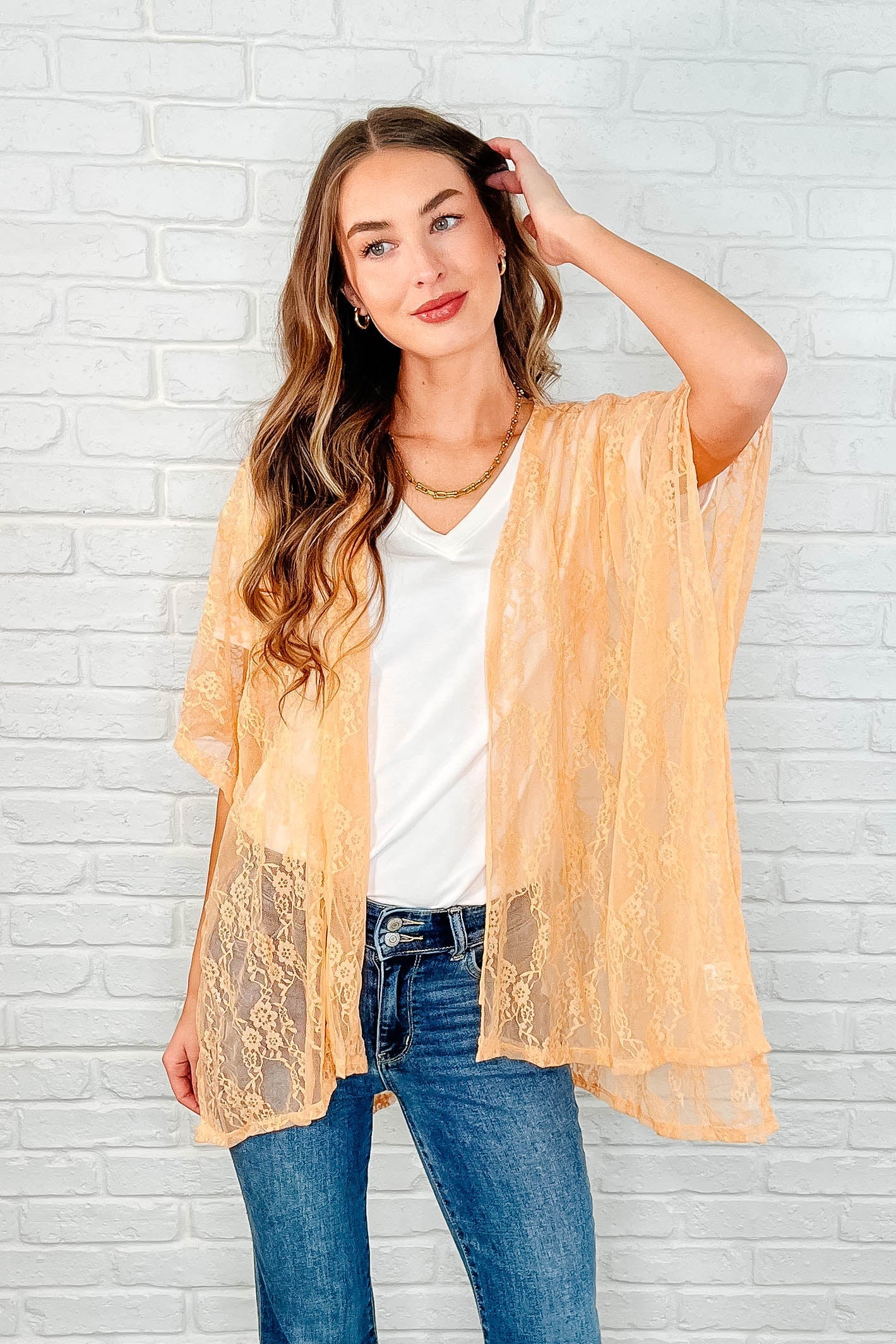 Ahead Lace Kimono In Peach