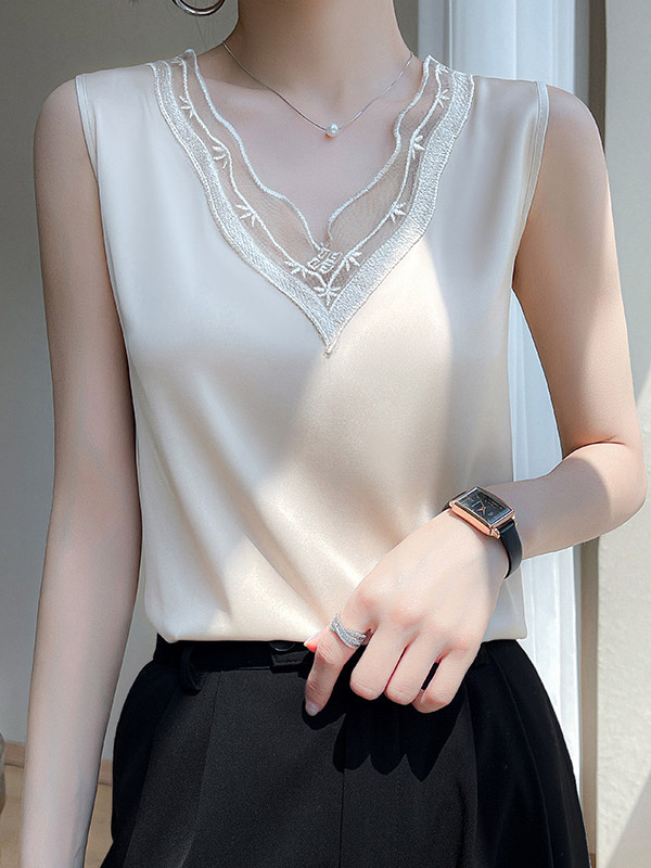 Solid Color Split-Joint Loose Sleeveless V-Neck Vest Top