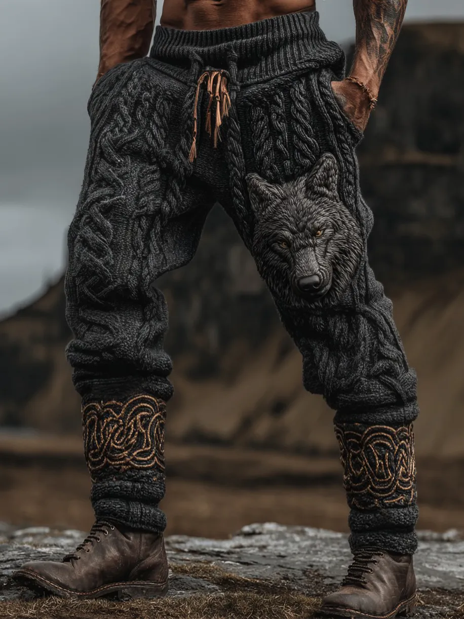 Men's Vintage Viking Wolf Celtic Knot Cozy Chunky Knit Sweatpants
