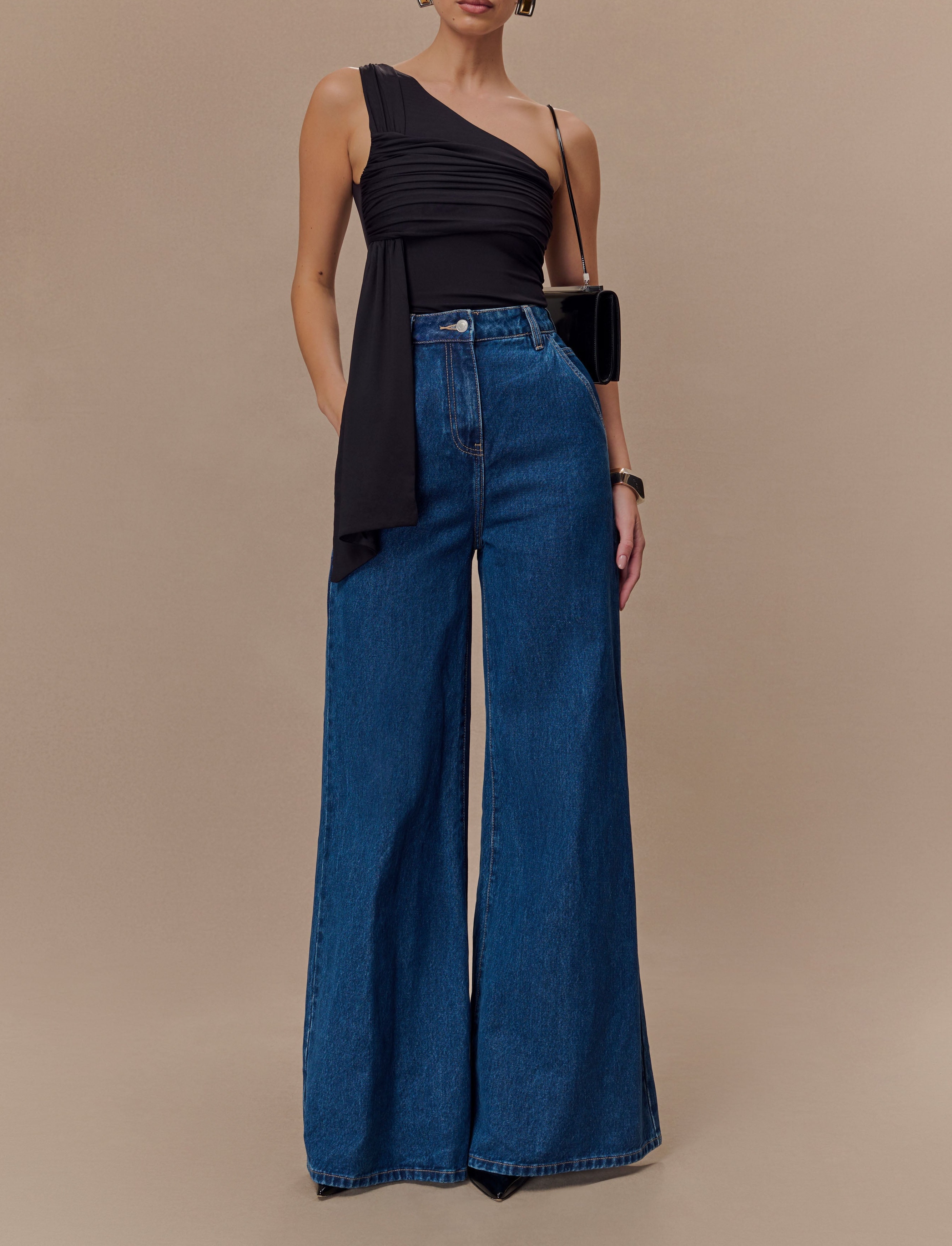 Black One Shoulder Recycled Nylon Top With Drape