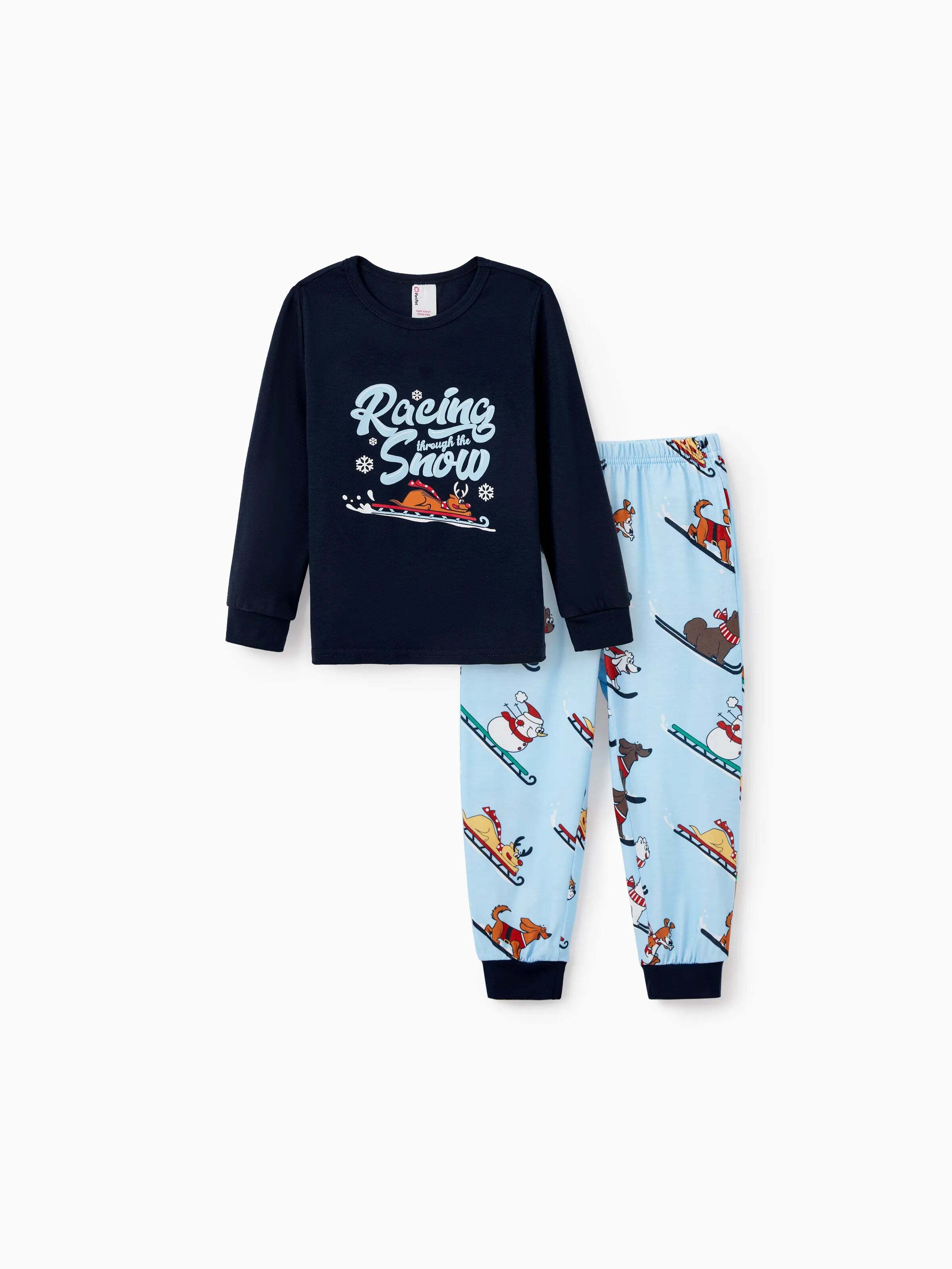 Christmas Matching Family Pajamas Set Sled Dogs Print PJS with Christmas Socks Blue