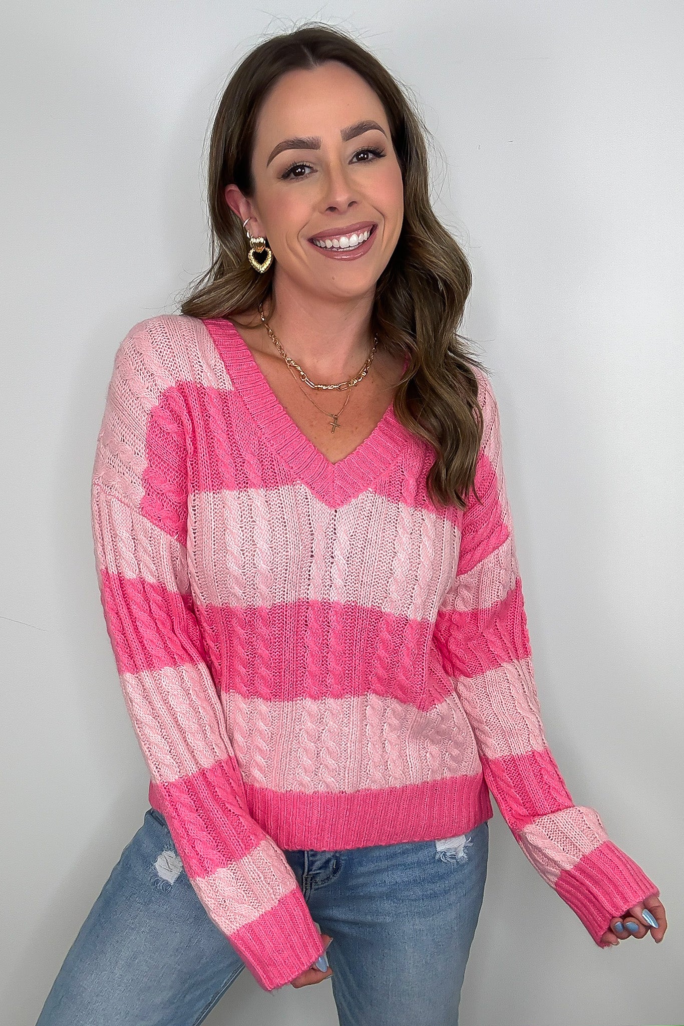 V-Neck Striped Cable Knit Sweater